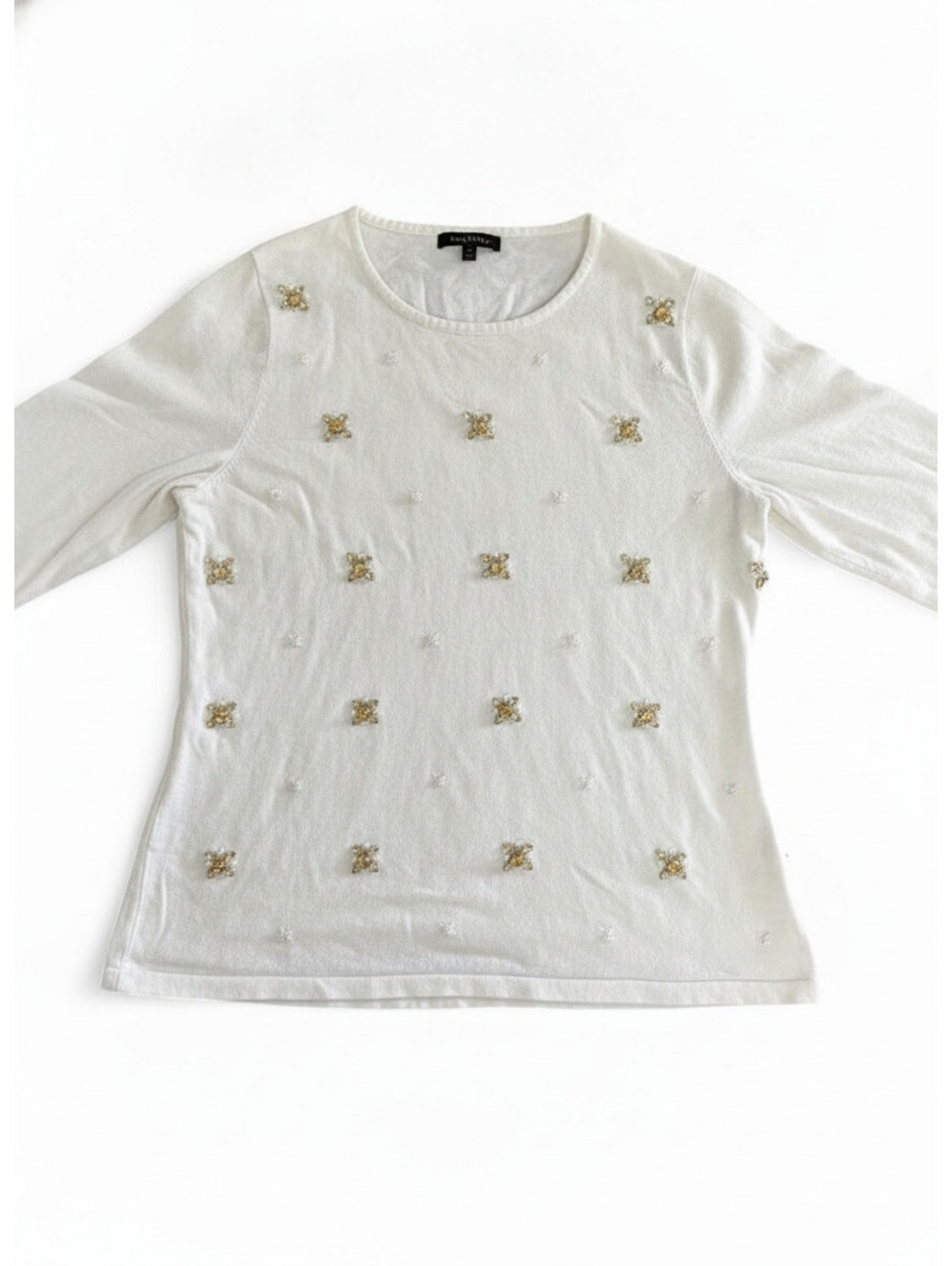Women's White and Cream Beaded Long Sleeve Blouse, Size Medium, Very Good